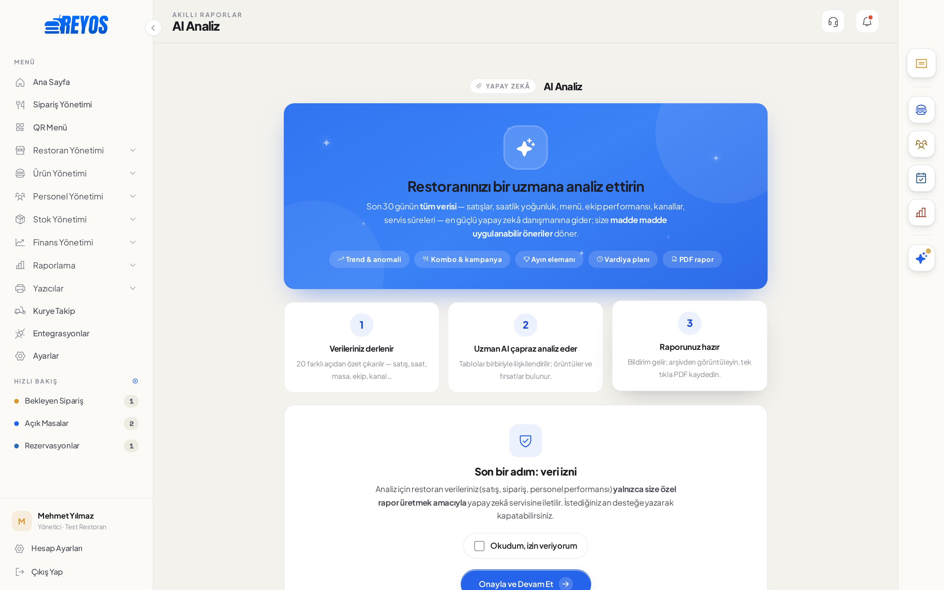 REYOS AI Analiz ekranı — gerçek panel görüntüsü
